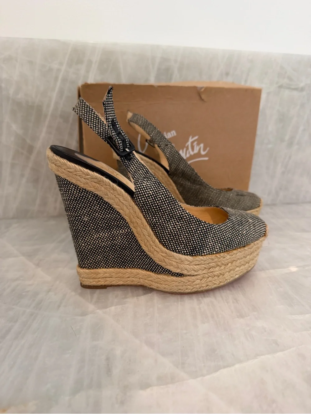 Christian Louboutin Black and Natural Espadrille Wedge Slingback